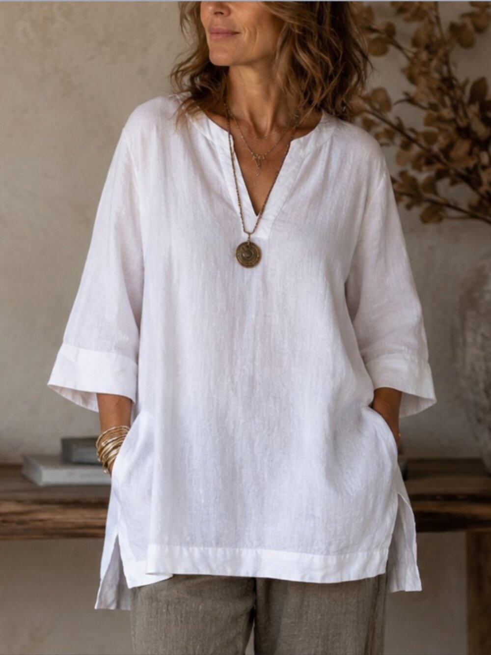 Lands' End White Linen Blend Split Neck Pocket Tunic XXL Lagenlook Coastal EUC